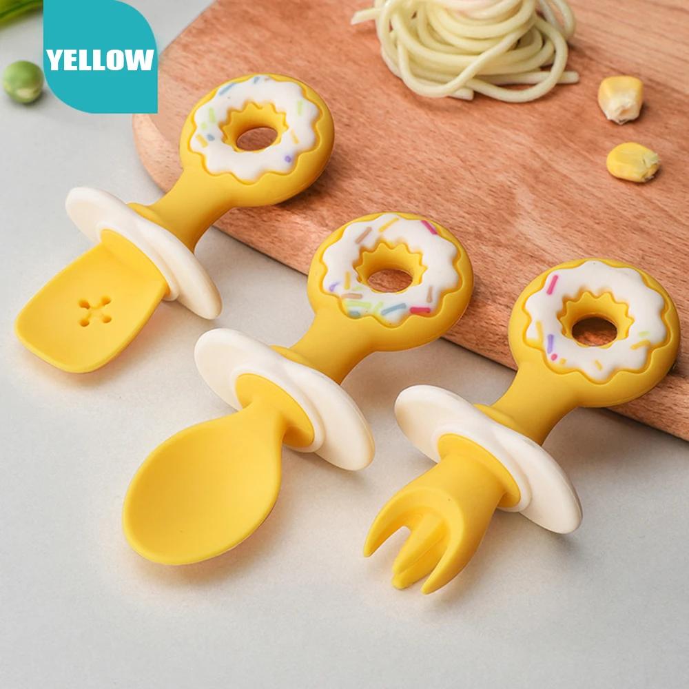 

3шт силиконовая детская мягкая ложка вилка вспомогательная еда малыш учится есть обучающий столовый набор сосать детские принадлежности аксессуары жёлтый