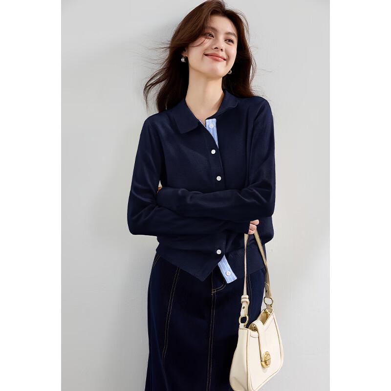 

VICTORIA&VERA Women s Striped Splicing Lapel Knit Top M