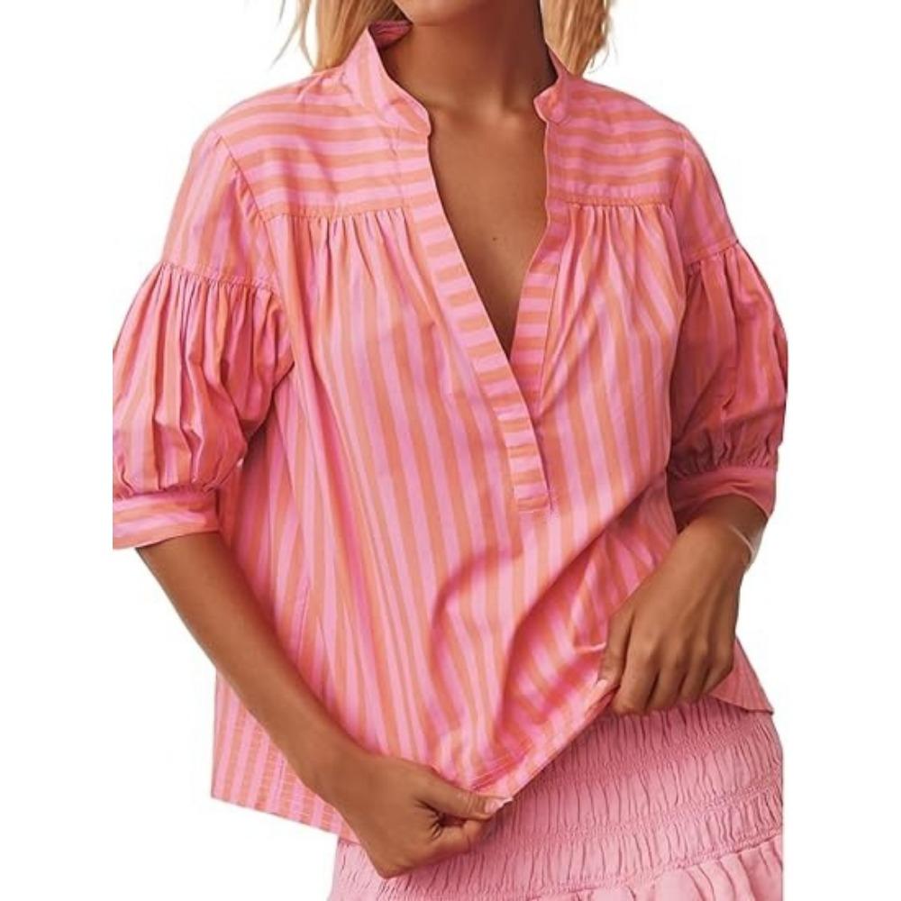 

Повседневная полосатая рубашка для женщин - модная блузка с V-образным вырезом в стиле пэчворк 4XL розовый