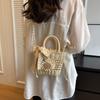 Weave Lace Bow Handbag Dacron Square Shape Straw Weave Bag Small Bucket Tote Bag