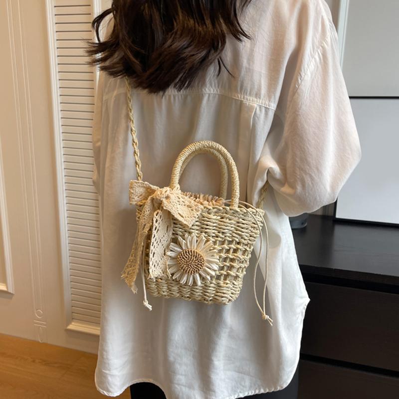 Weave Lace Bow Handbag Dacron Square Shape Straw Weave Bag Small Bucket Tote Bag