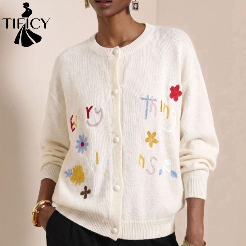TIFICY Women's Fashion Casual Fall Winter Flower Pattern Print Long Sleeve O-Neck Sweaters