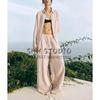 Spring New Lapel Long Sleeves Linen Blended Shirt 4877100 Mid Waist Shoelace Wide Leg Pants 4877101