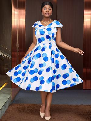 Blue V-Neck Sleeveless A-Line Dot Pleated Large Size Dress Elegant Summer Swing Midi Dress for Women Party Wedding Guest Outfit