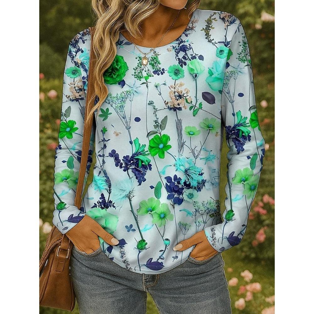 Women's 3D color printed T-shirt with fashionable long sleeves