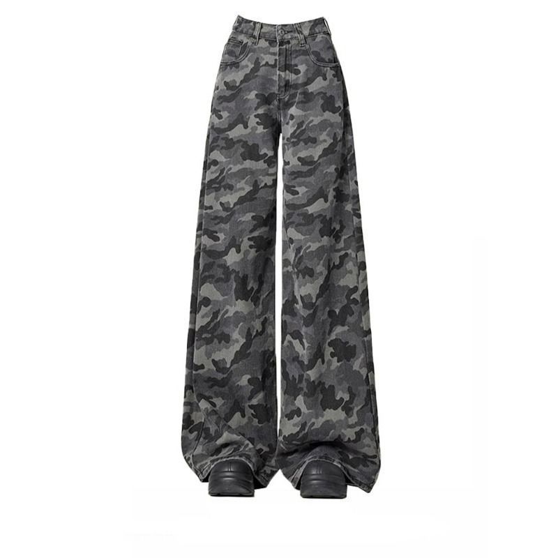 Retro Wide-leg Camouflage Jeans For Women High Waist Straight Loose Slim Floor-length Pants
