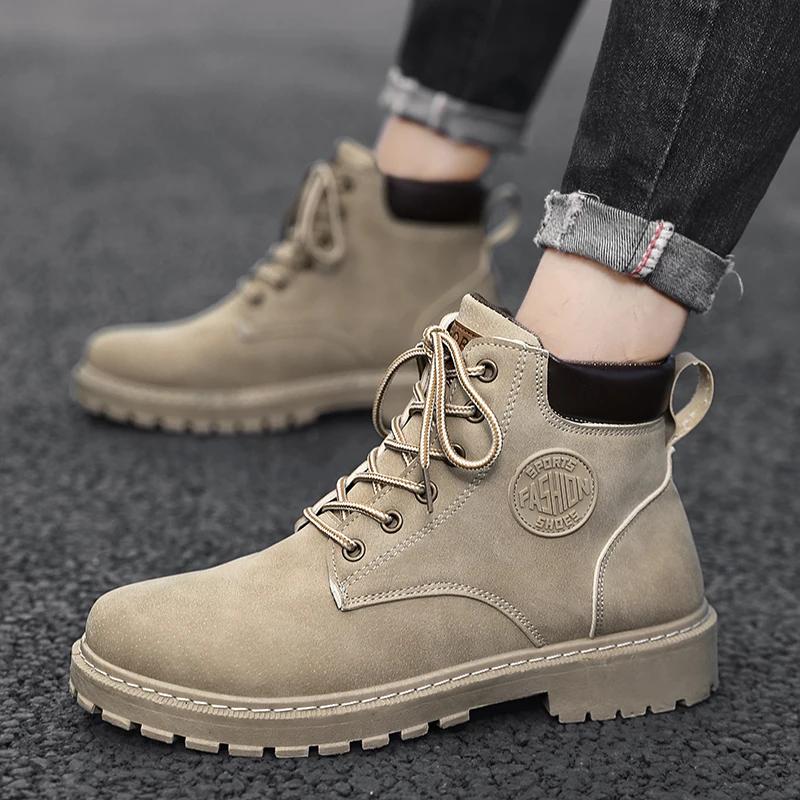 Men High Top Boots Fashion Casual Leather Boot Lace-Up Ankle Boot Non Slip Hiking Boots for Men Motorcycle Booties Botas Hombre
