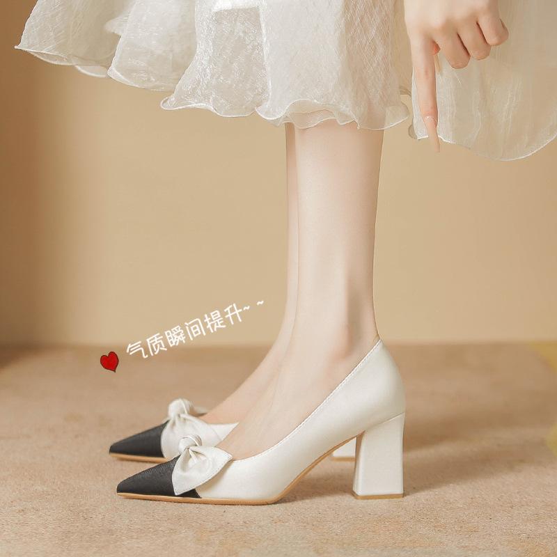 

Женские туфли на высоком каблуке, весенняя новинка, с открытым верхом, на толстом каблуке, с бантом, одинарные туфли, женская рабочая обувь, женские 39
