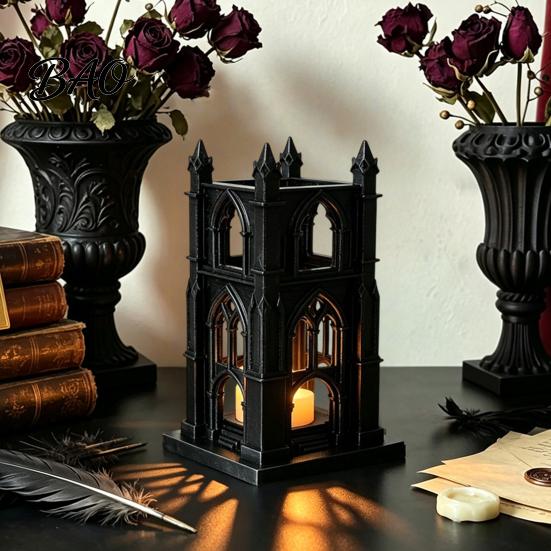Luminous Figurine for Home Gothic Cathedral LED Candle Lantern, Church Shaped Flameless Tealight Lamp, Holiday Party Ornament Spooky Vintage