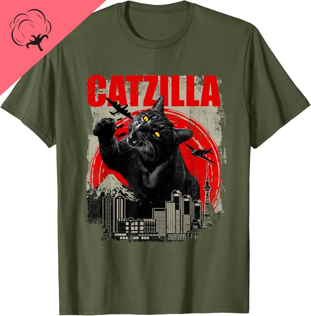 Catzilla Camiseta Casual Funny Cat Lover Kitten Kitty Short Sleeve TShirt Pet Lover Tee Cotton Shirt