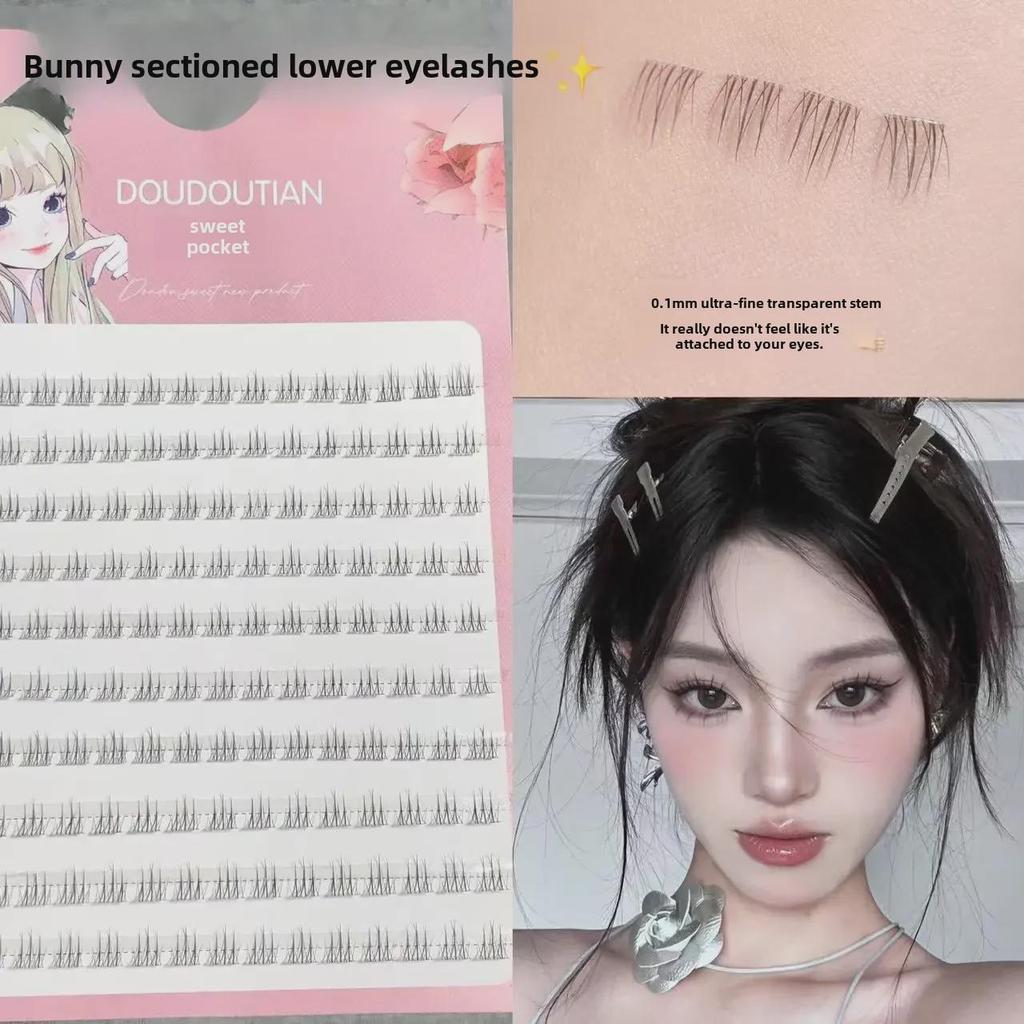 Doudou Sweet Bunny Natural Soft Lower Eyelashes - Segmented, Transparent, Thin Stem