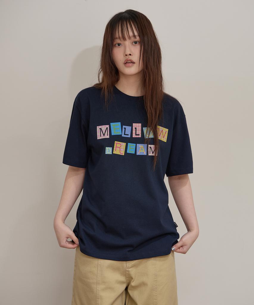 WAIKEI Mellow Dream Check Letter Short Sleeve T-Shirt Navy