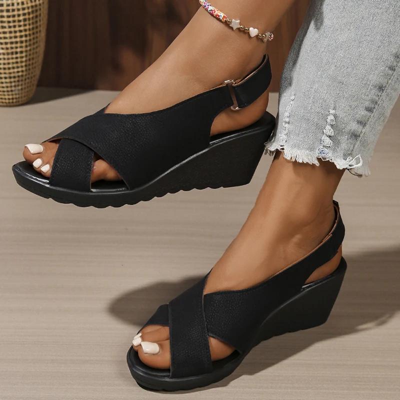 Fashion Rome Style Cross Strap Balck Wedge Sandals Women New Back Strap High Heel Sandal Woman Summer 2025 Peep Toe Pu Leather Mujer