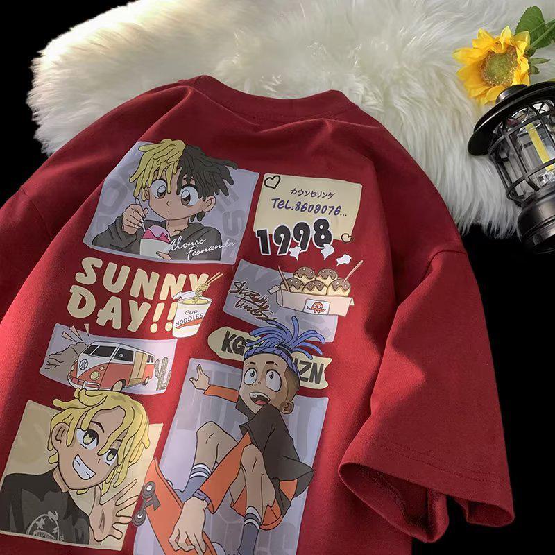 

Хлопковая футболка оверсайз с мультяшным принтом - Летняя свободная посадка, короткий рукав L бордовый