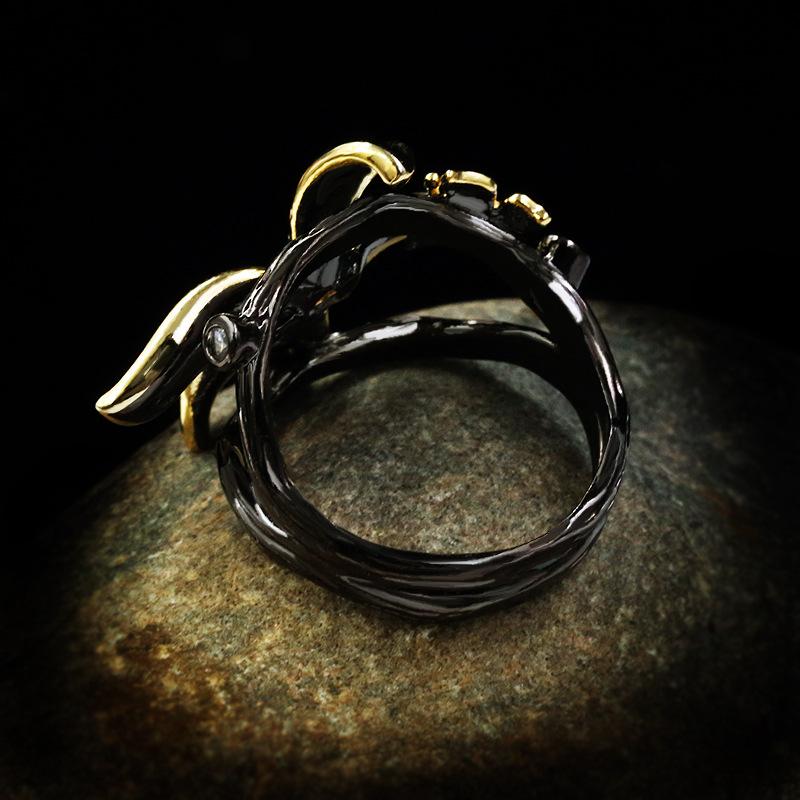 Elegant Exaggerated Big Flower Black Gold Wedding Band Rings for Women Noble  Sterling Silver Bohemia Cocktail Rings Jewelry