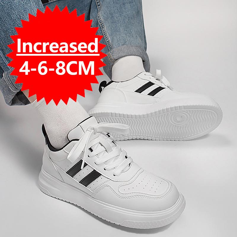 New Men's Casual Shoes Leather Simple Black White Sneakers Fashion Breathable Sneakers 4/6/8cm Invisible Height Increasing Shoes