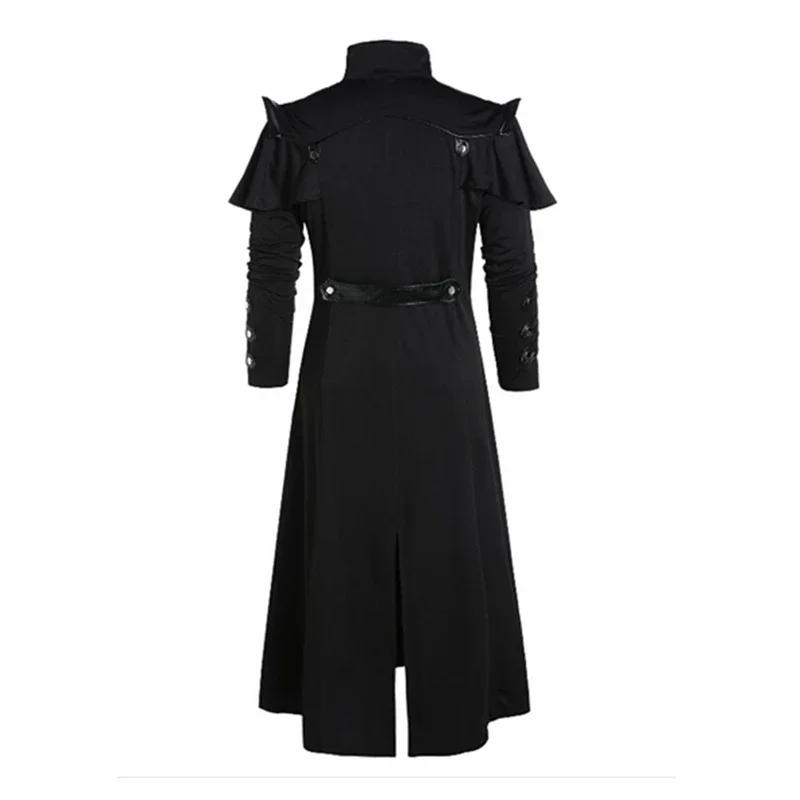 Vintage Halloween Medieval Steampunk Elves Pirate Costume Adult Men Black Long Split Jacket Gothic Armor PU Leather Coats
