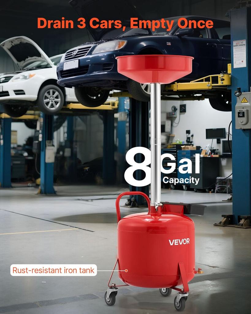 30L Waste Oil Drain Tank, Industrial Fluid Drain Tank with Adjustable Funnel Height, Portable Oil Drainer with Wheels & Toolbox, Fluid Fuel Transfer