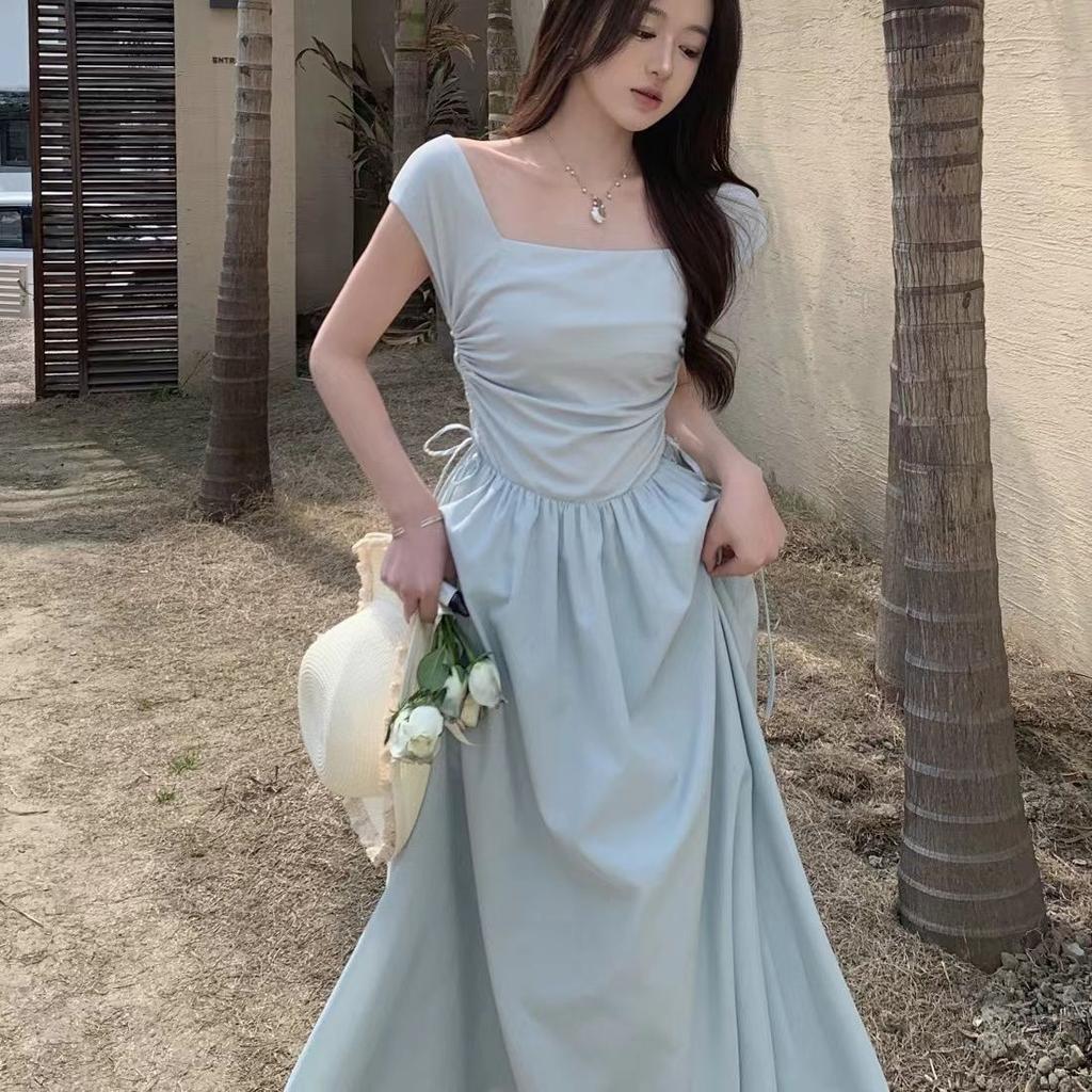 Blue French Sweet Seaside Vacation Gentle Suspender Dress Summer New Sleeveless Long Wave Long Skirt