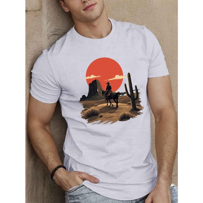 European Size Men'S Western Cowboy Graphic Tee, Polyester Casual Crew Neck T-Shirt with Slight Stretch, Geometric Desert Landscape Print, Summer