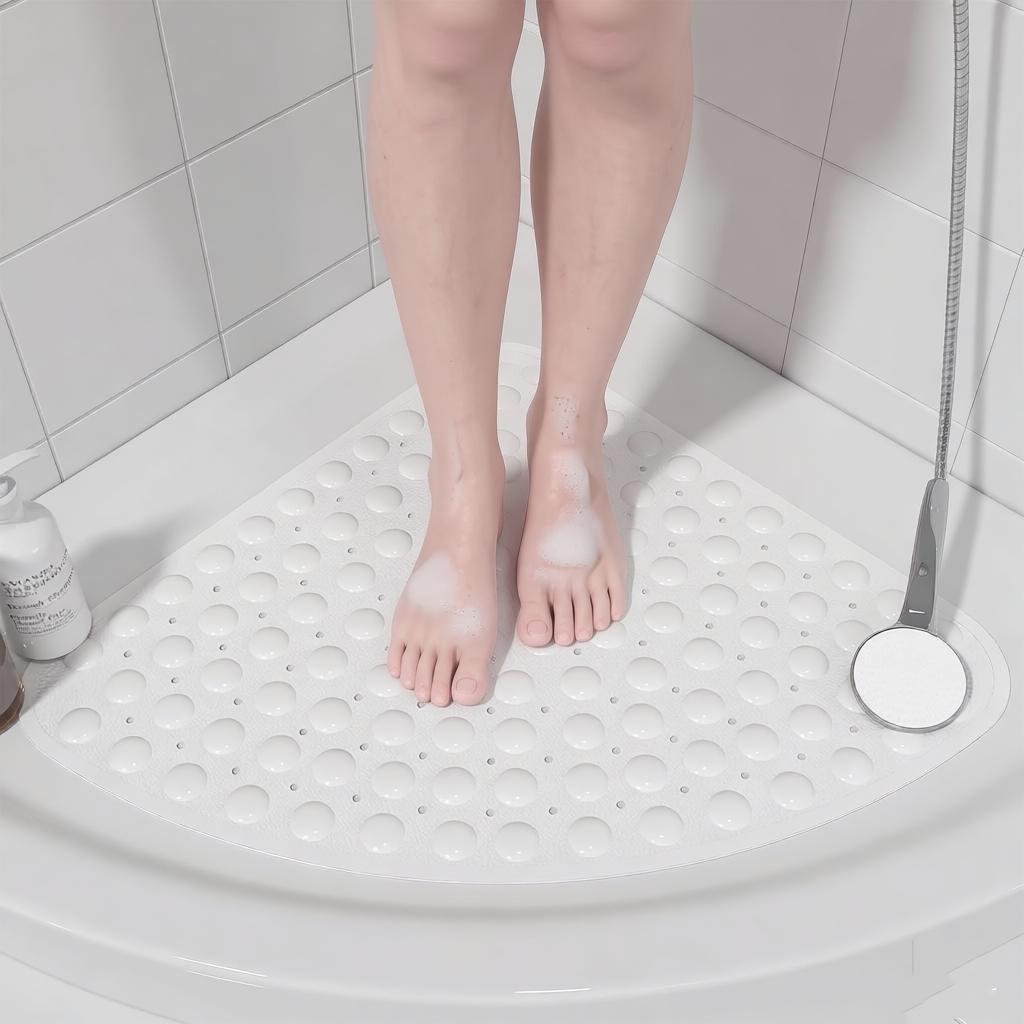 1Pc Corner Non-Slip Shower Mat, Non-Slip Curved Bath Mat, 54X54Cm, Rubber Dial Mat, Bath Mats with Suction Cups & Drain Holes