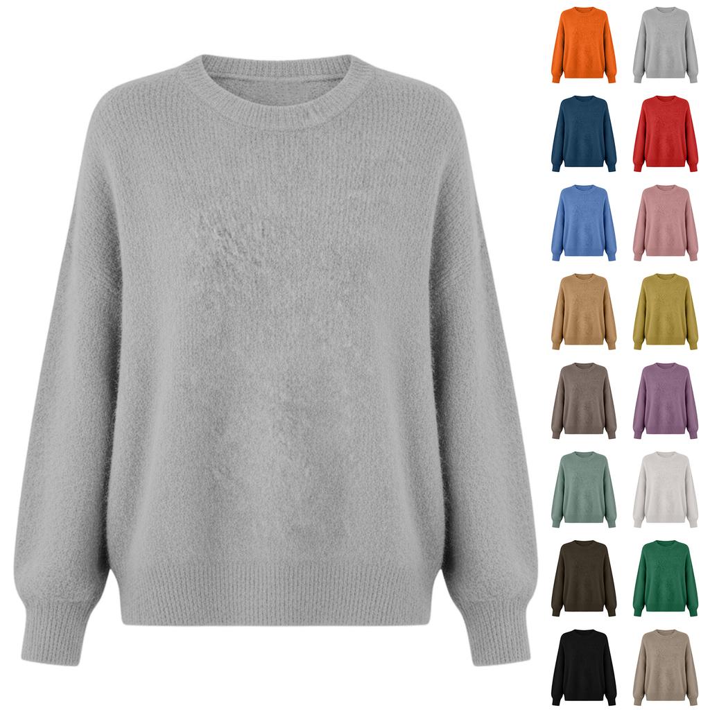 Women's Fashion Casual Loose Pullover Solid Color Round Neck Long Sleeve Knit Sweater