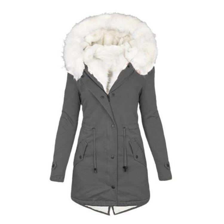 Winter Women Windproof Jacket Mid Length Slim Fit Cotton Coat Plus Size Faux Fur Hood Fleece Lined Zip Up Press Button Closure Outerwear