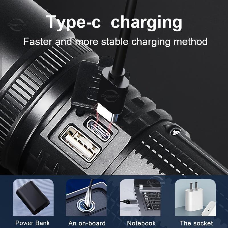 High Power LED Handheld Flashlight,5 Modes, Adjustable Beam, Type-C Fast Charging, Rechargeable Battery, Aluminum Alloy, with USB Cable