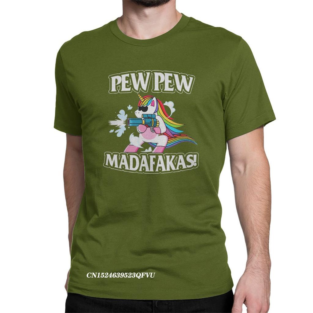 Funny Pew Pew Madafakas Men's Tops T Shirts Unicorn Humor Tee Shirt Harajuku Round Collar T-Shirts Cotton Clothes