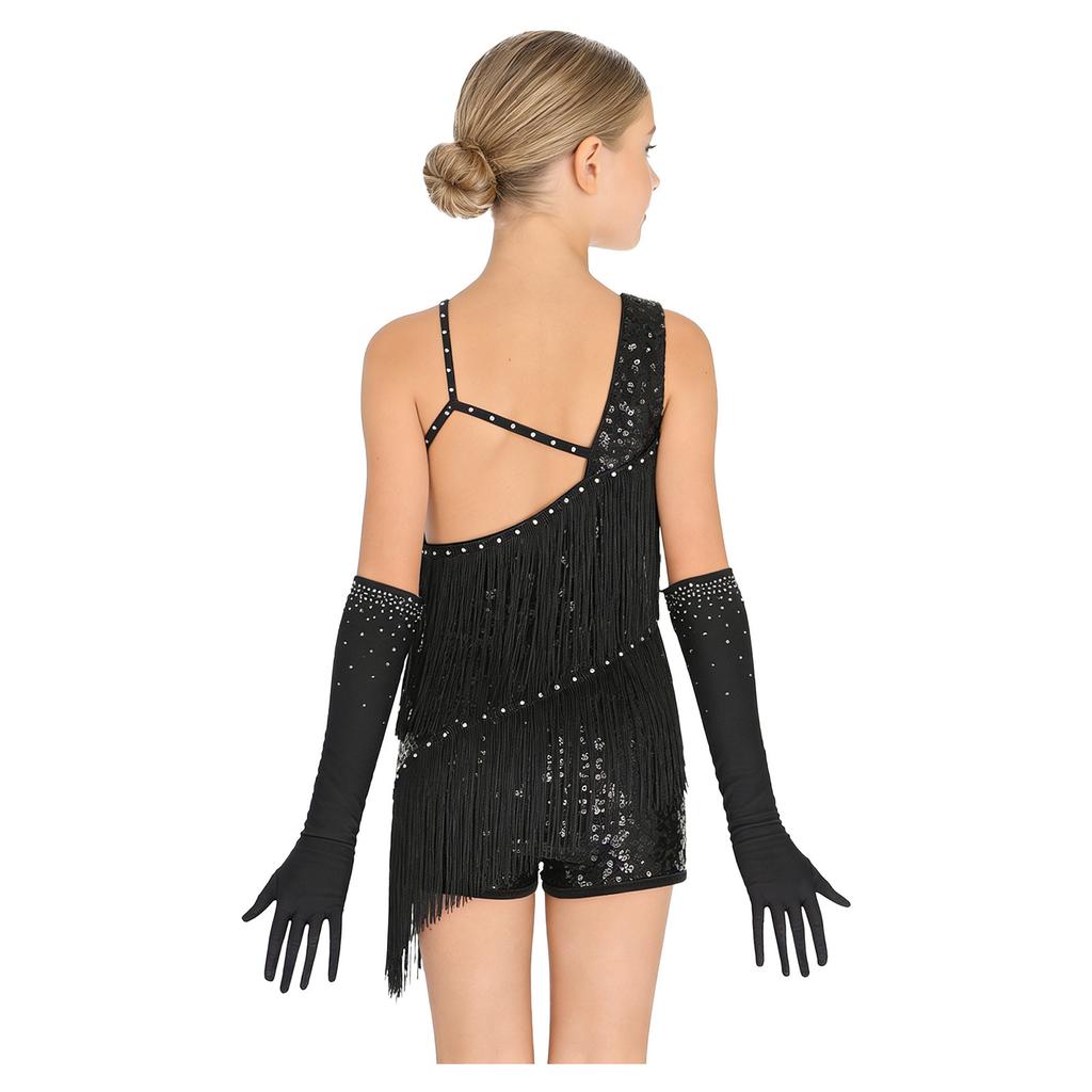 Children‘s Sparkly Rhinestone Latin Outfit Sleeveless Asymmetric Neck Sequin Tassel Bodysuit and Mesh Gloves for Stage Performance