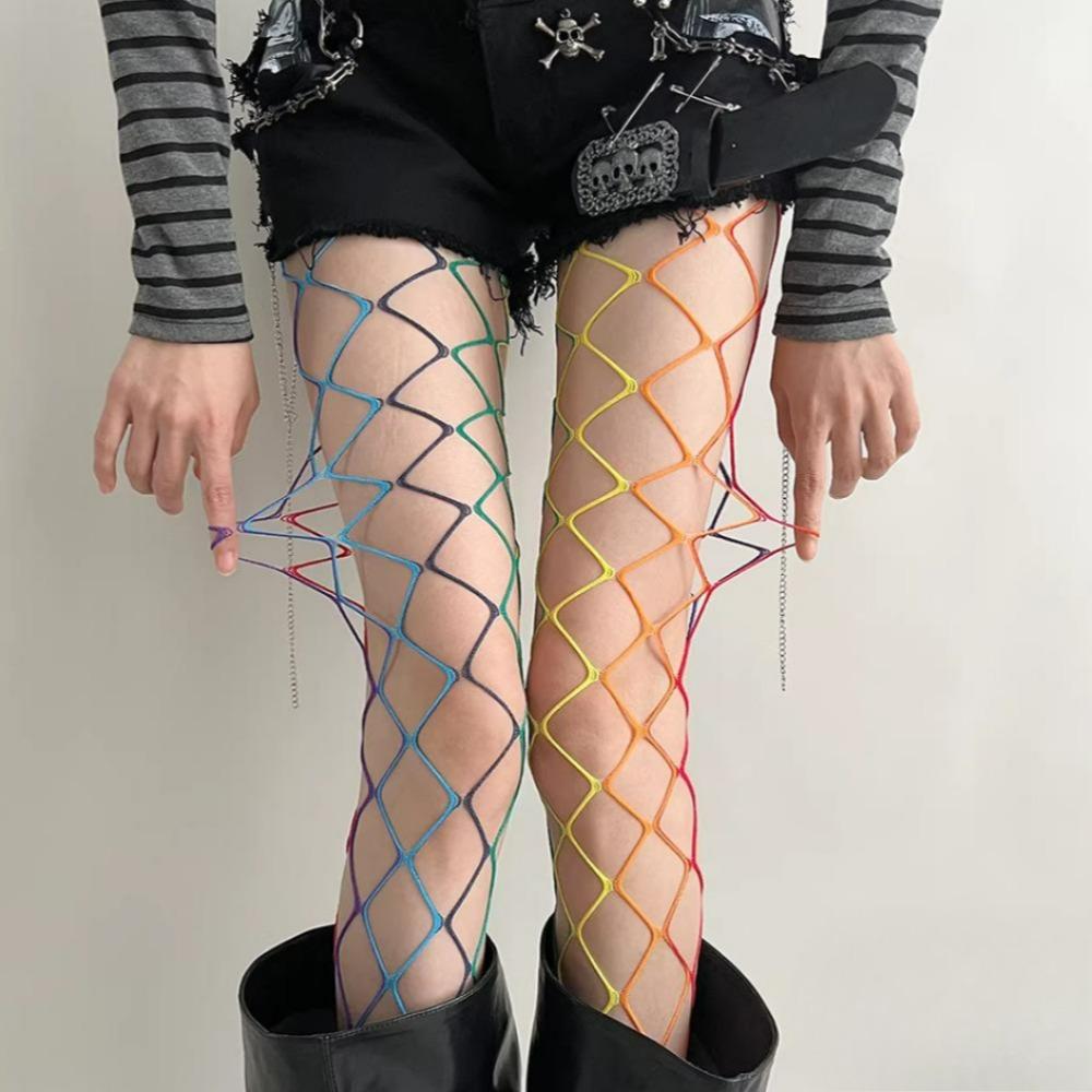 New Color Gradient Fashion Fishnet Stockings Subculture Women Summer Y2K Tights Large Medium Mesh Sweet Hollow Slim Pantyhose One Size