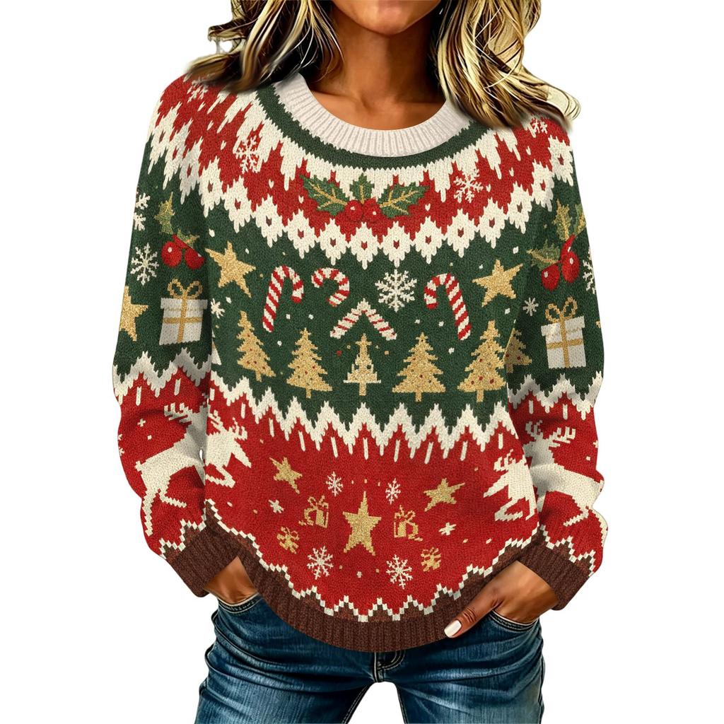 Maglione da Donna Casual a Manica Lunga con Scollo e Stampa Natalizia per le Feste