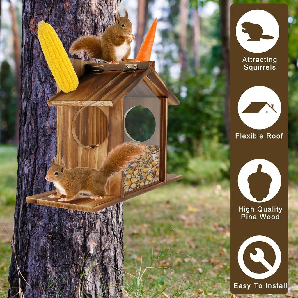 Wood Squirrel Feeder House for Outside Tree - Large Capacity Feeding Station for Squirrels,Chipmunks - Hanging House for Garden,Backyard,Window