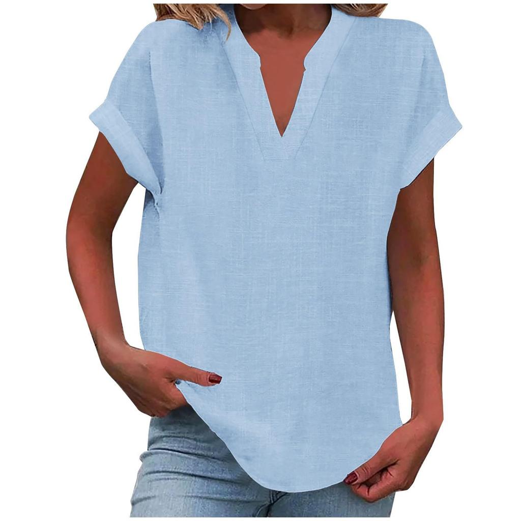 Women's V Neck Short Sleeve Loose Fit Solid Color T-Shirt Casual Summer Top