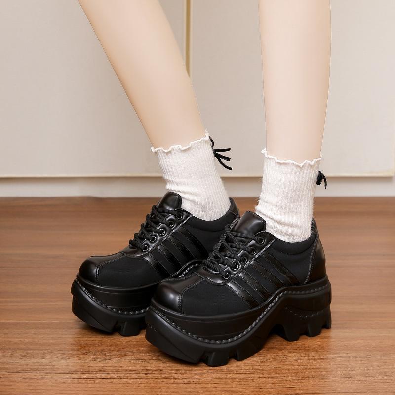 Big Head Platform Shoes Black Striped Punk Heightening Muffin Shoes Lace-up Casual Shoes Super Fire Soft Shoes Women