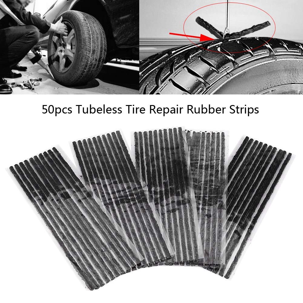 Akozon 50pcs Tire Repair Strips Black Tubeless Tire Car Motorcycle 200*3.5mm Tire Puncture Repair Seal Rubber Strip