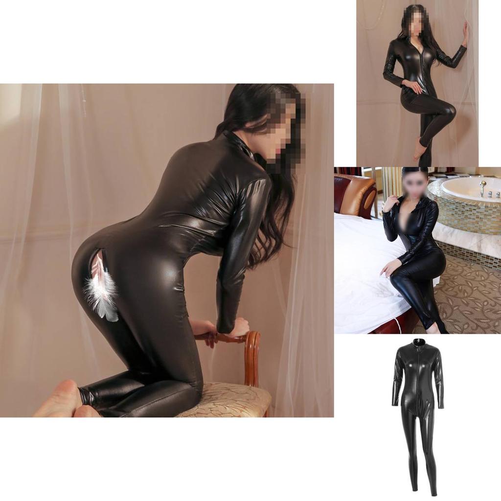 Verlockender schwarzer Ganzkörper-Latex-Body mit langen Ärmeln und Reißverschlussdesign für Rollenspiele und Cosplay