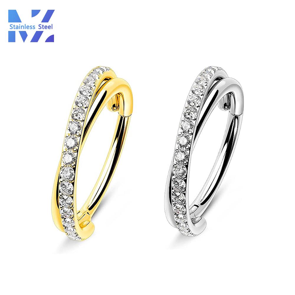 MZ 1 Pcs 316l Stainless Steel Zircon 16G Double Ring Cross Closure Ring Nose Ring Earrings Seamless Ring Human Piercing Jewelry