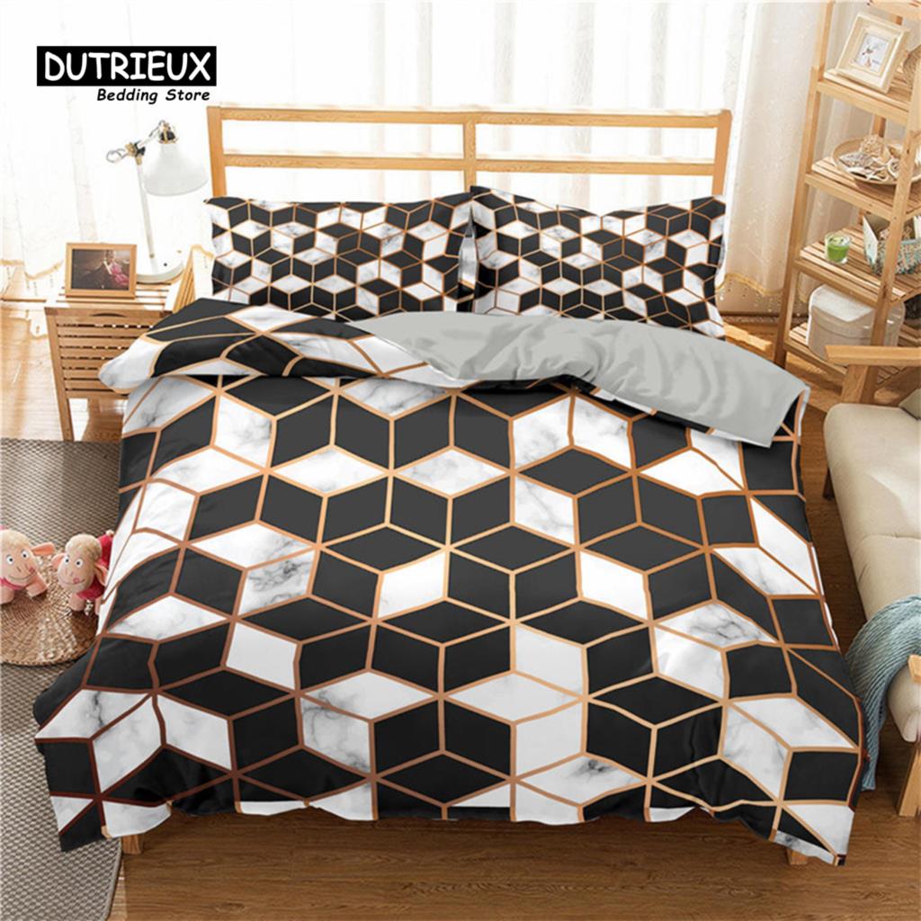 Geometric Bedding Set Microfiber Abstract Triangle Marble Pattern Print Duvet Cover With Pillowcases Teens Adults Bedroom Decor