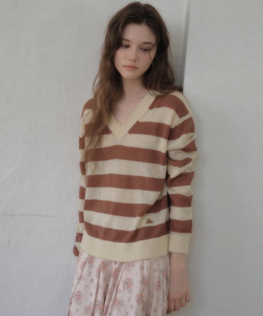 Aueonoseuteljia Hairy Stripe V-Neck Knit_Brick Mocha(Oc26Kn13)