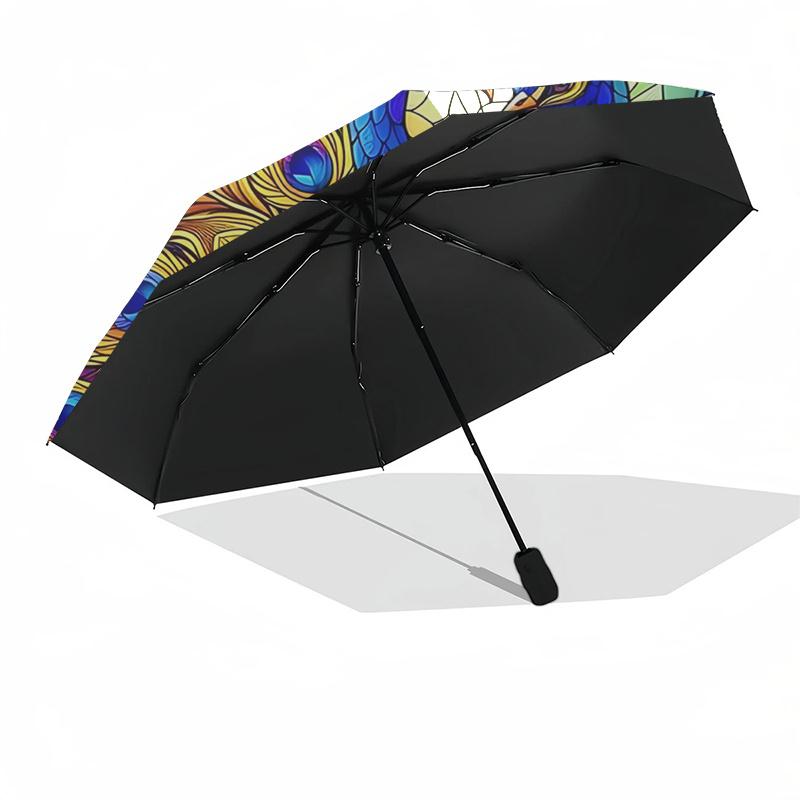 Colorful Peacock Feather Design Automatic Opening/Closing Umbrella with Convenient Three-Fold Design, 8-Bone Iron Frame Outdoor Umbrella, Pe