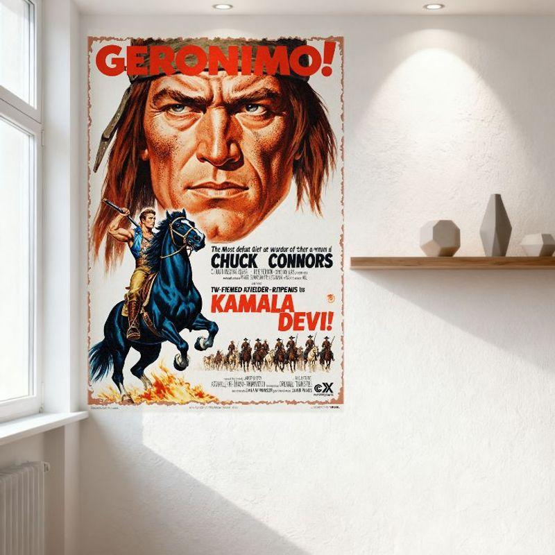 Geronimo! Vintage Western Movie Tin Sign with Native American Illustration, Chuck Connors & Kamala Devi, for Man Cave Bar Decor