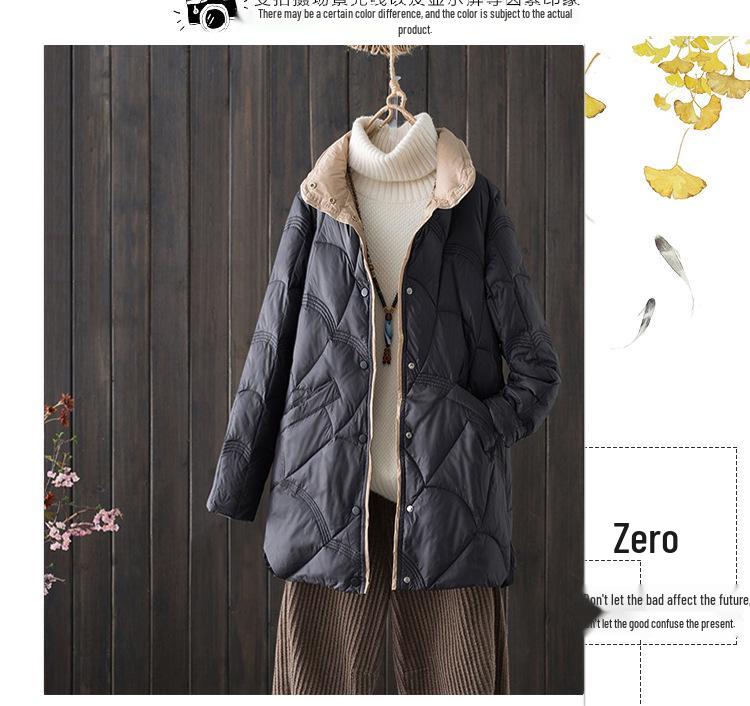 Women's Mid-Length Retro Chic Lightweight Down Jacket - Auspicious Clouds Stand Collar Design