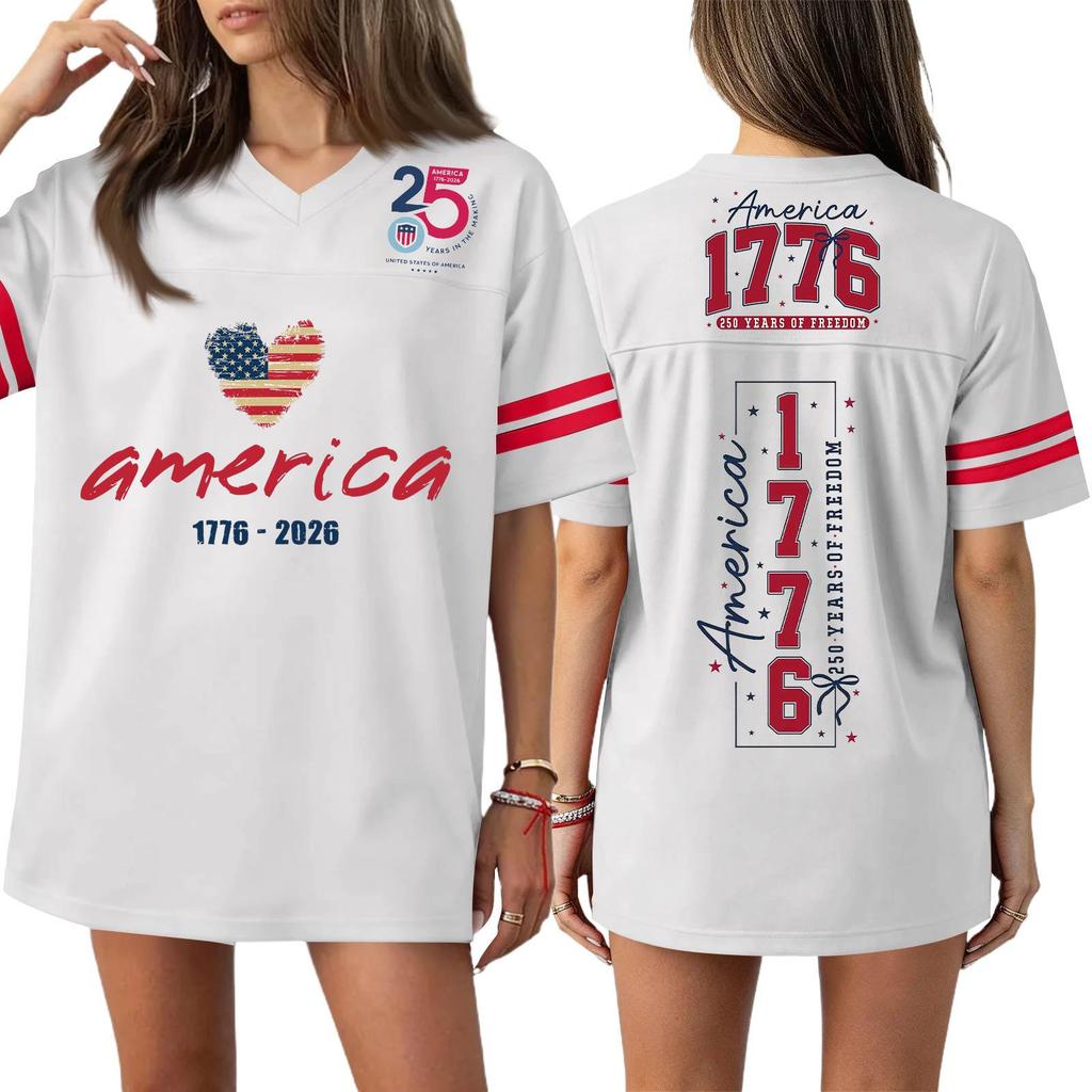 Damska Codzienna Modna Koszulka Sportowa z Dekoltem V z Nadrukiem na Dzień Niepodległości Krótkim Rękawem Top