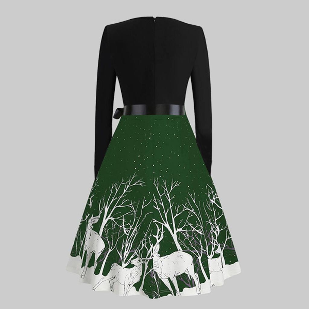 Christmas Print Sequin Patchwork Long Sleeve Dress Deer Skater Party Dresses