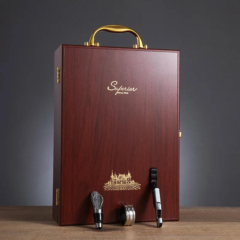 Luxury Double Leather Box Wine Bottle Wooden Organizer Wood Holder for Red Champagne with Cocktail Set