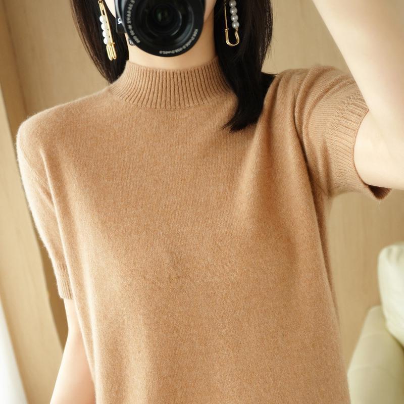 Spring and Summer Women's New Loose Half Turtleneck Mid-sleeve Short Pullover Solid Color Bottoming Sweater T-shirt