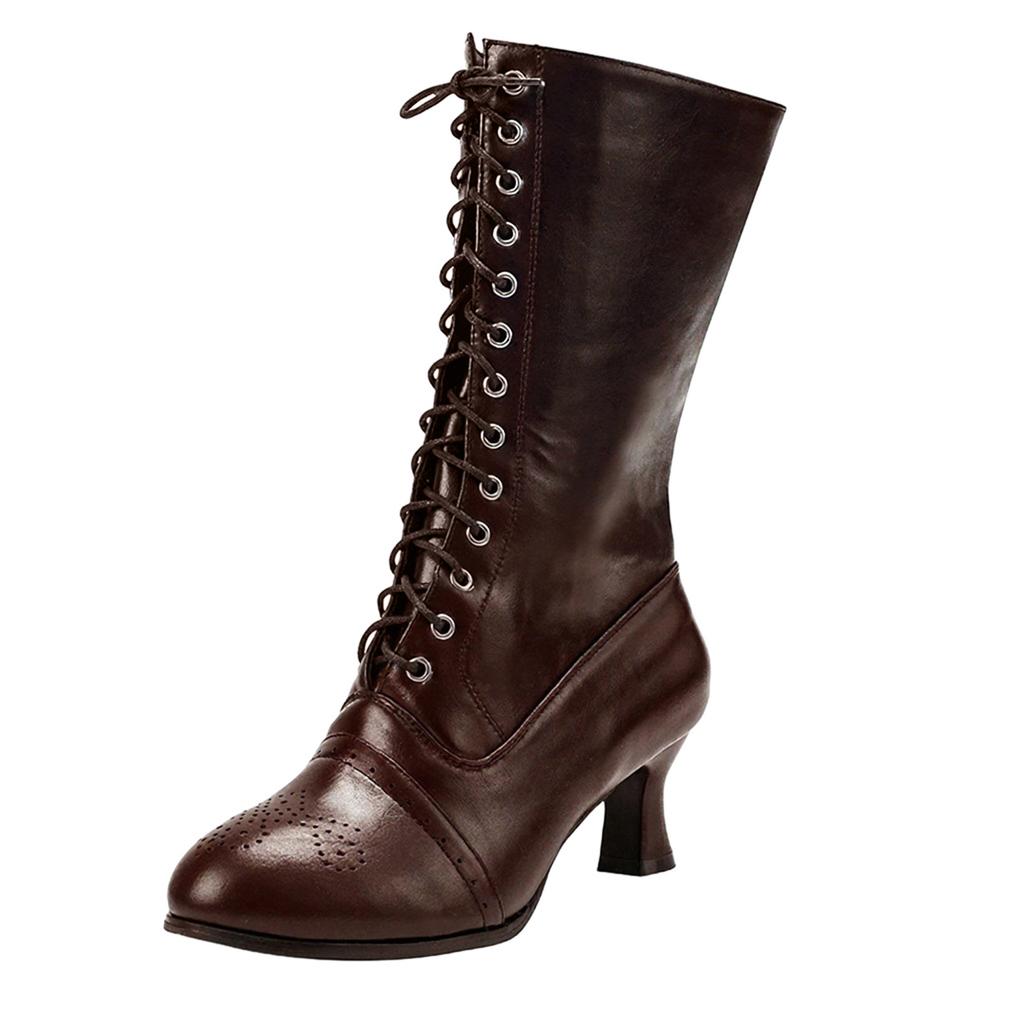 Women Pointed Toe Lace Spike Heels Punk Med Heels Boots Shoes
