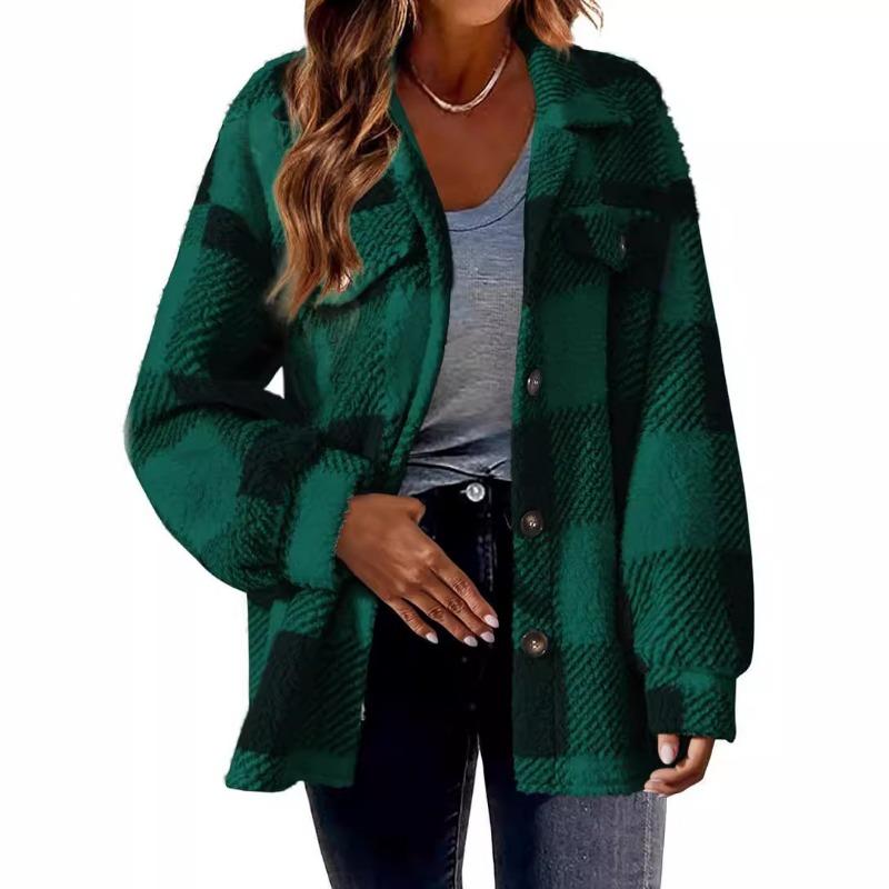 Women's Fall and Winter with Pockets Plaid Lambswool Jacket Button Plush Jacket