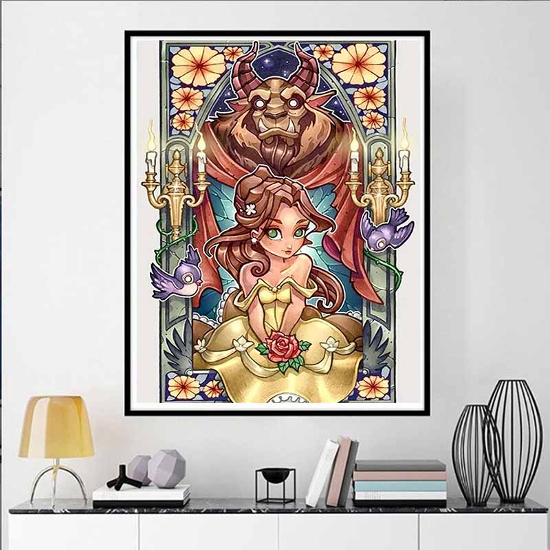 Disney Diamond Painting, Beauty and The Beast Themed Illustration Wall Decoration Embroidery Full Diamond Cross stitch DIY Gift Home Decoration